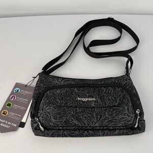👟 nwt Baggallini multi pocket adjustable Charcoal Floral Crossbody Bag